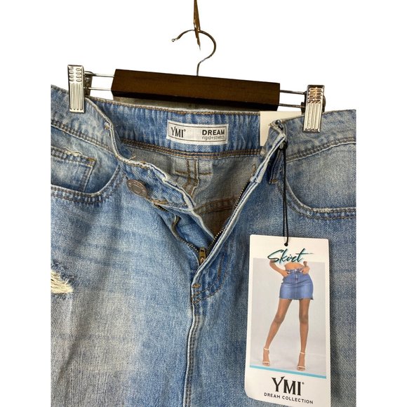 YMI Dream Collection Rigid+Stretch Denim Ripped Mini Skirt Blue Womens SZ M NWT - Picture 7 of 9